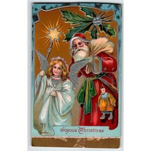 Santa Claus Christmas Postcard Angel With Star Staff Embossed Series X 653-4